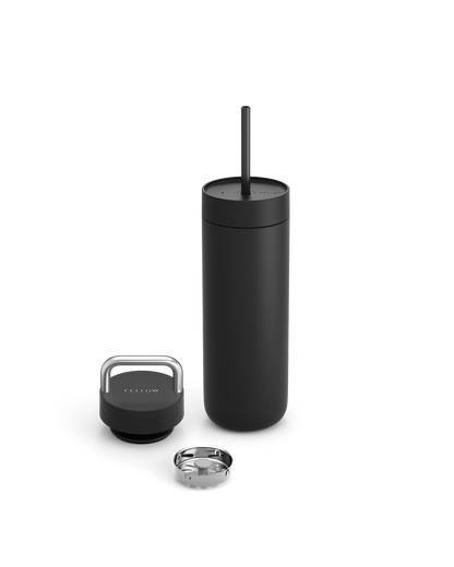 Fellow Carter 2-in-1 Chill Set: black insulated bottle with straw, extra lid, and metal ring.