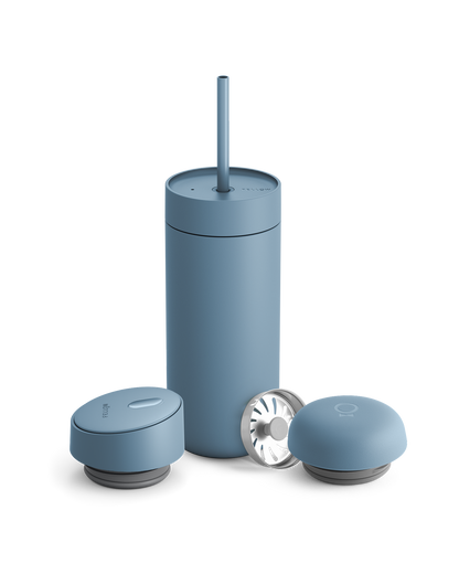 Giftable Fellow Carter 3-in-1 Lid System tumbler with straw and two containers, matte blue.