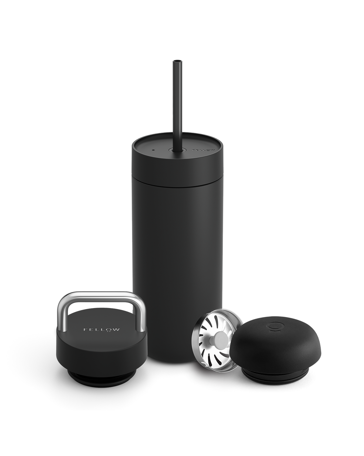 Fellow Carter 3-in-1 Lid System mug—matte black, straw, two lids, silver filter; giftable.