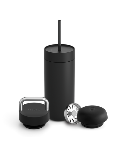 Fellow Carter 3-in-1 Lid System mug—matte black, straw, two lids, silver filter; giftable.