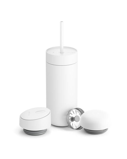 Minimalist white Fellow tumbler with 3-in-1 lid, perfect for coffee lovers and gifting.