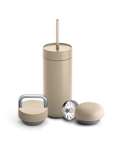 Fellow Carter 3-in-1 Lid System Mug—straw, handle, filter, silicone lid; gift box included.