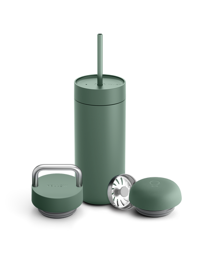 Fellow Carter 3-in-1 Lid System: matte green coffee tumbler with straw, three gift lids.