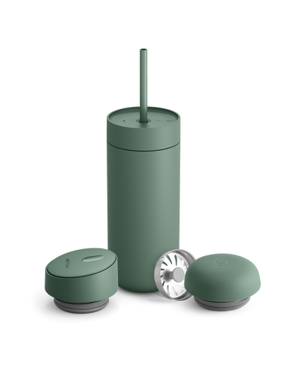 Fellow Carter 3-in-1 Lid System: matte green coffee mug with straw and two matching lids.