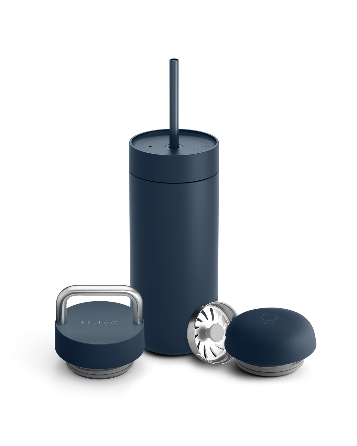 Fellow Carter 3-in-1 Lid System: navy insulated tumbler with straw, infuser & metal lid.