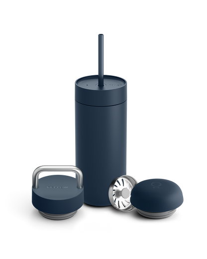 Fellow Carter 3-in-1 Lid System: navy insulated tumbler with straw, infuser & metal lid.