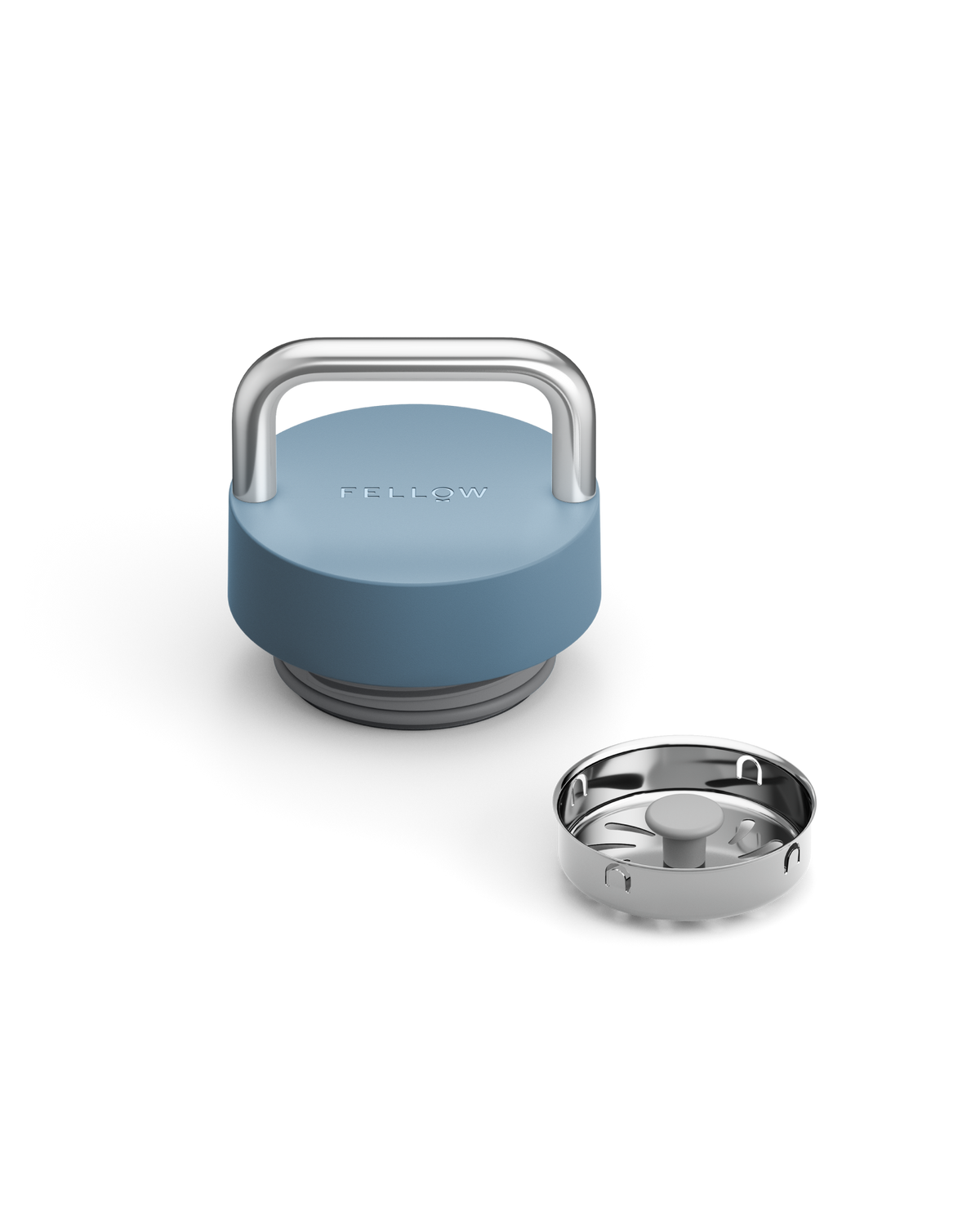 Fellow The Carry Lid with silver handle, shown beside a separate silver filter component.