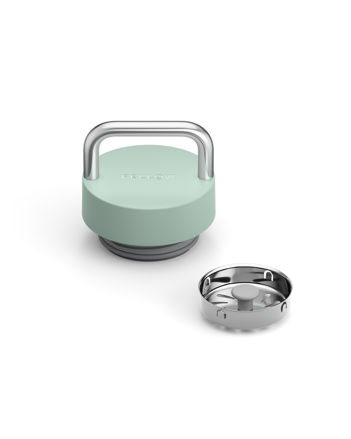 Fellow The Carry Lid in mint green with metal handle, shown beside removable metal strainer.