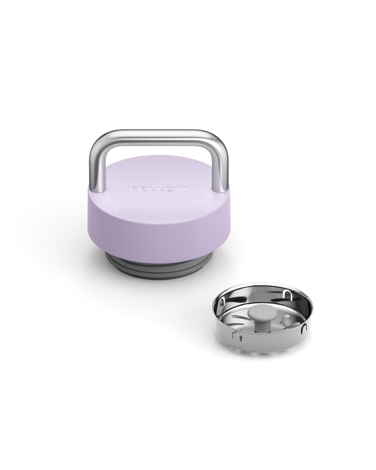 The Carry Lid by Fellow: lavender travel mug lid with silver handle and detachable filter.