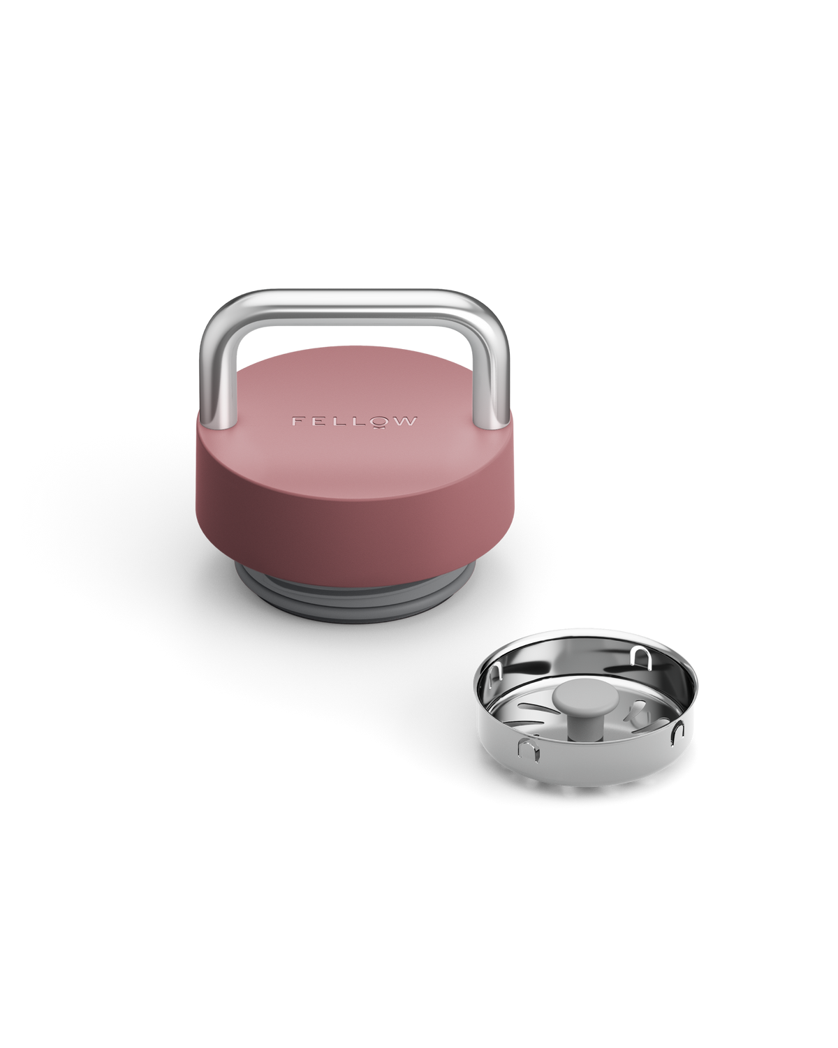 Fellow The Carry Lid in pink and silver with handle, shown next to a separate metal filter.