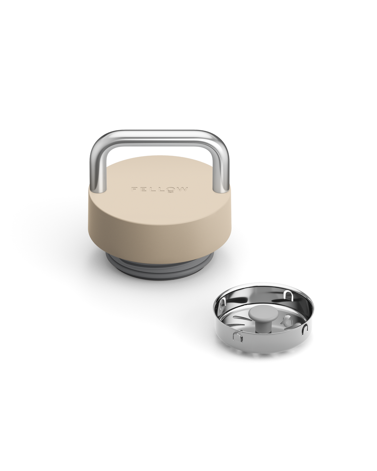 Fellow The Carry Lid in beige and silver with handle, shown beside stainless steel base insert.