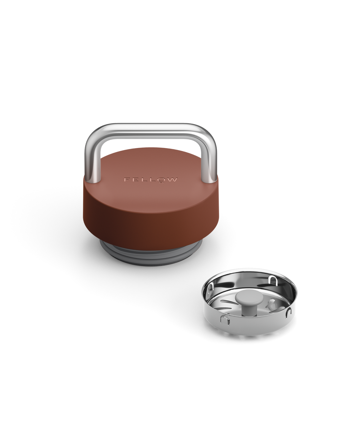 The Carry Lid by Fellow: a brown and silver tumbler lid with removable metal filter.