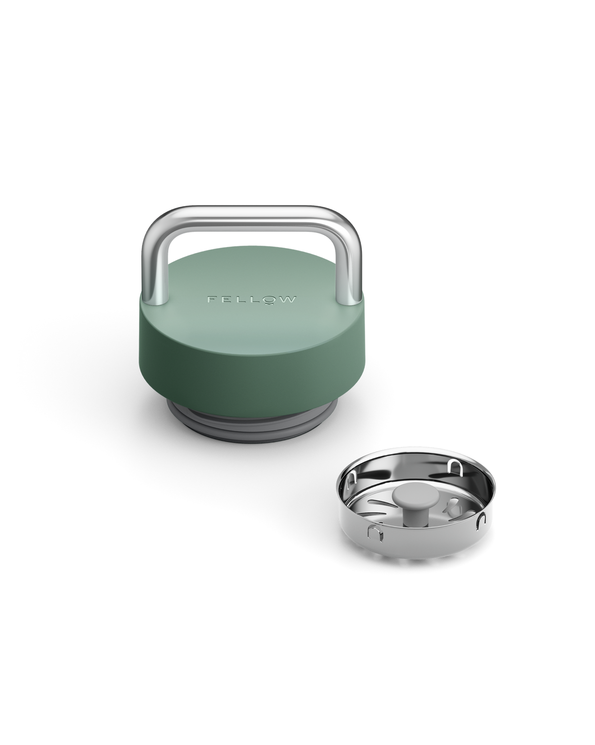 Fellow The Carry Lid, green and silver, with separate metal strainer on white background.