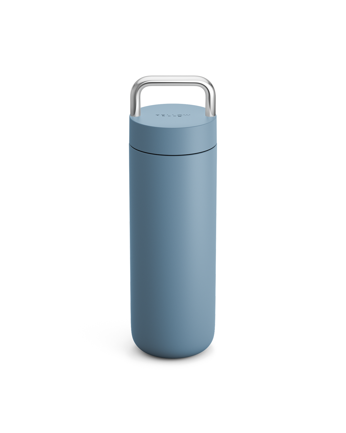 Fellow Carter Carry Travel Mug in Hazy Blue with a metal handle on a white background.