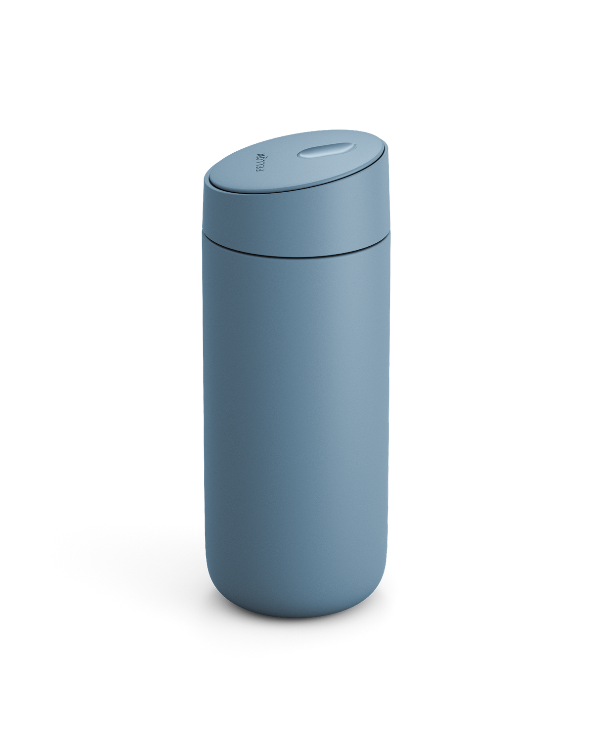 The Fellow Carter Slide Mug is a matte blue travel mug with a rounded lid, shown on white.