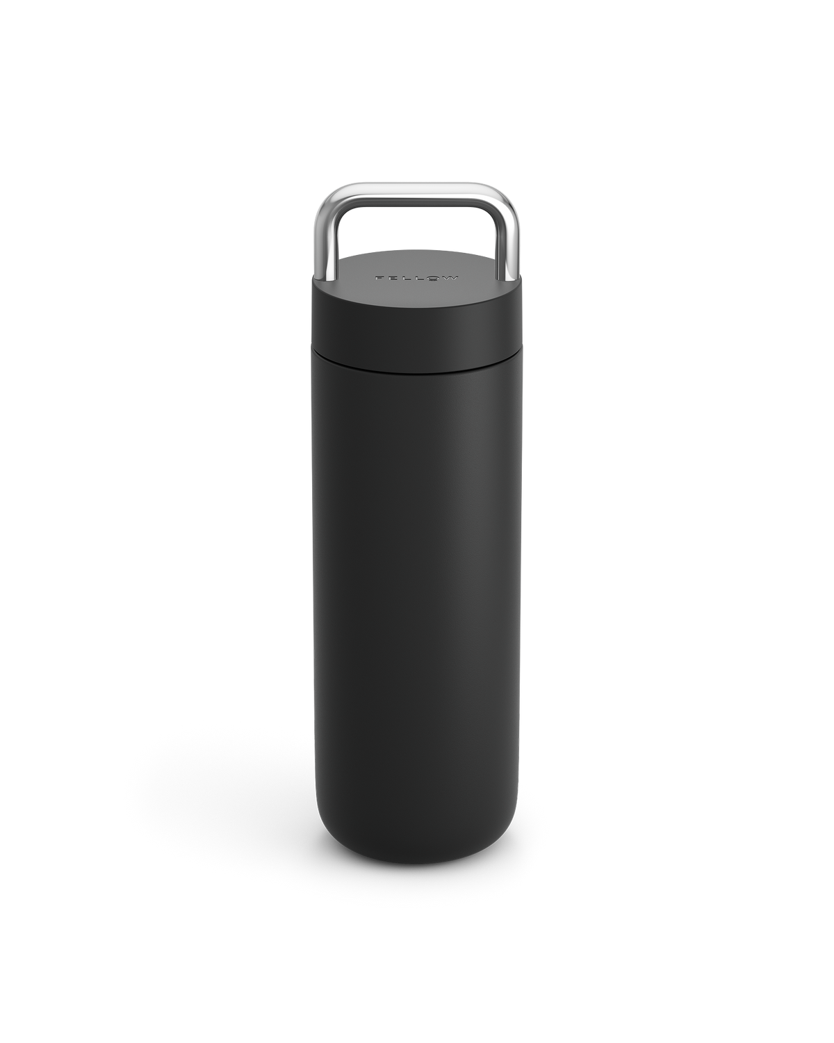 Fellow Carter Carry Travel Mug in matte black with silver handle shown on white background.