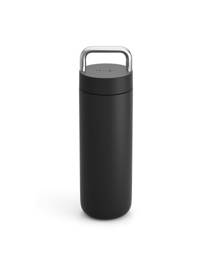 Fellow Carter Carry Travel Mug in matte black with silver handle shown on white background.
