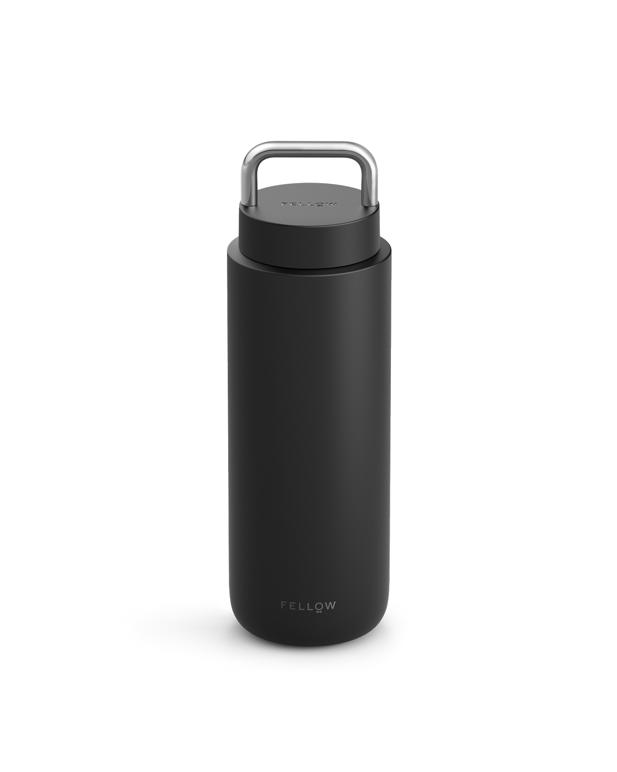 The Fellow Carter Carry Travel Mug is matte black with a silver handle and logo at the bottom.