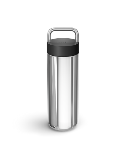 Fellow Carter Carry Travel Mug in Matte Black + Polished Steel with loop handle and black lid.