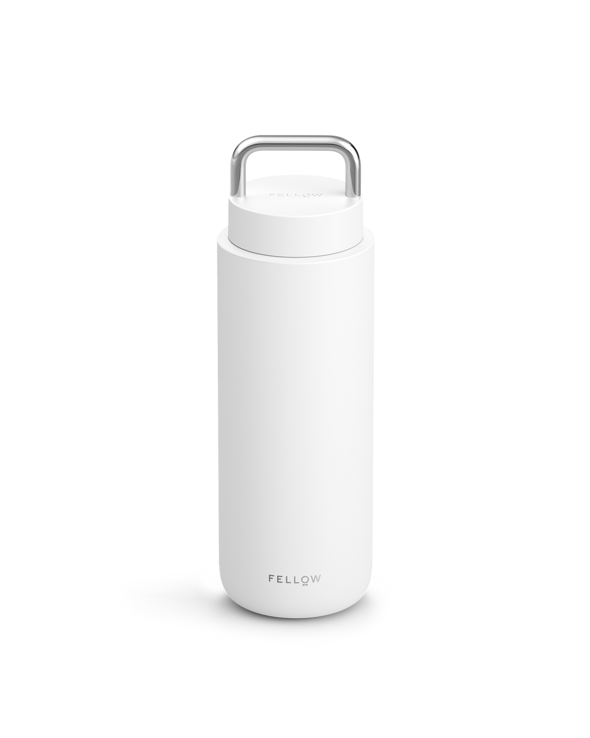 Matte White Carter Carry Travel Mug by Fellow with handle on lid and logo at bottom.
