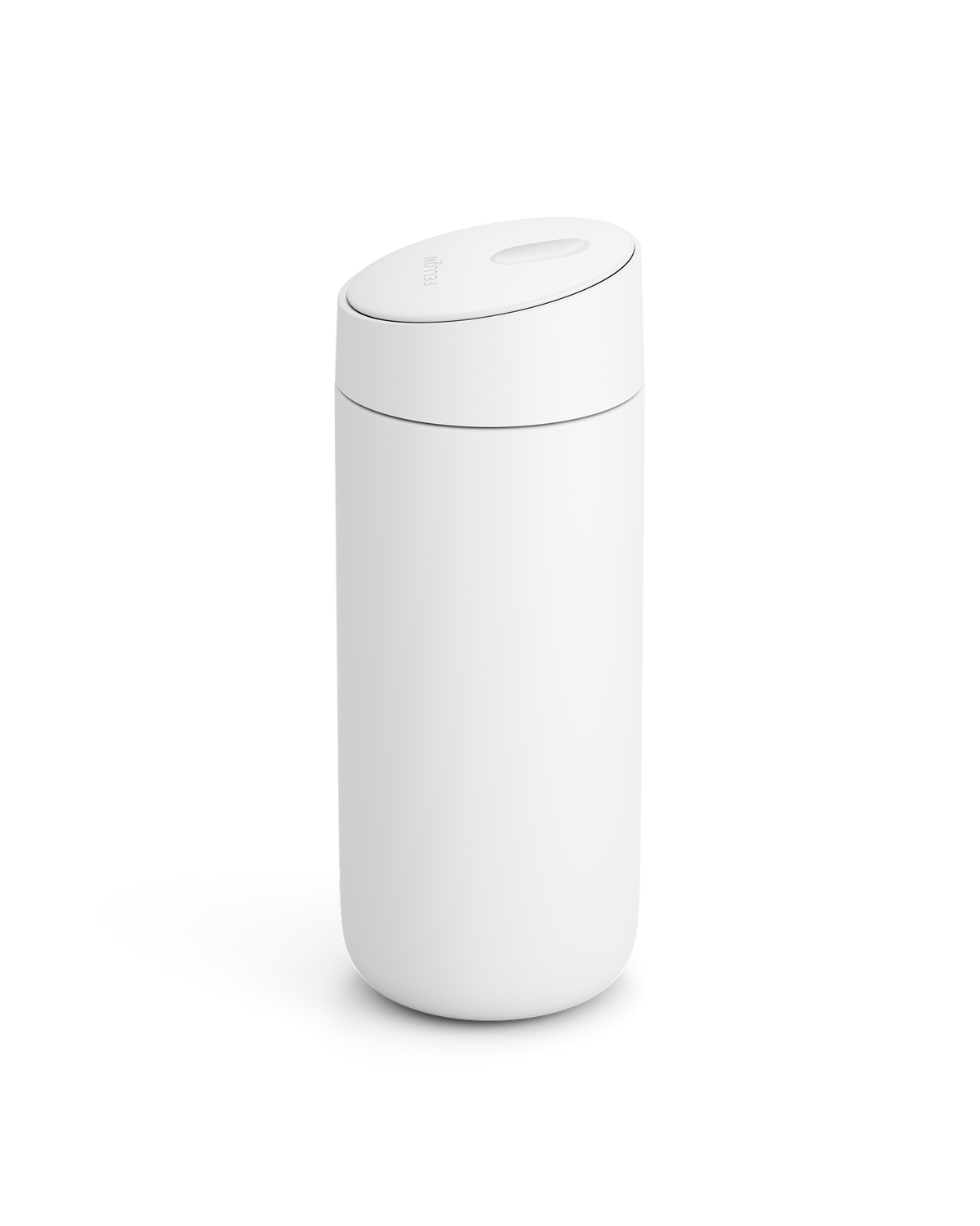 Fellow Carter Slide Mug, white and cylindrical with angled lid, on plain white background.