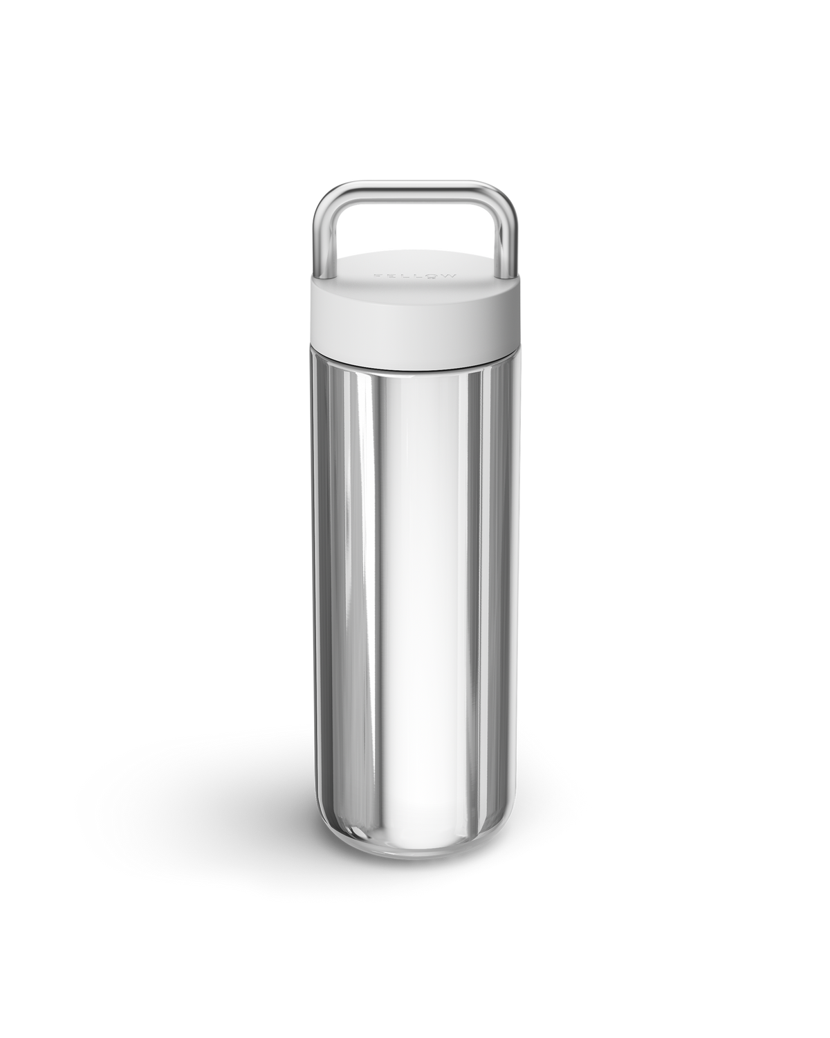 The Fellow Carter Carry Travel Mug in Matte White + Polished Steel with lid and handle.