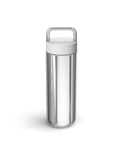 The Fellow Carter Carry Travel Mug in Matte White + Polished Steel with lid and handle.