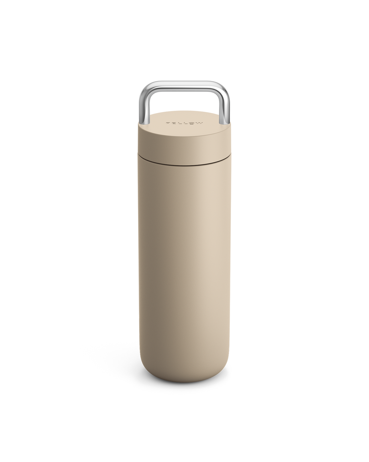 Fellow Carter Carry Travel Mug in Sand Dune with silver handle on a white background.