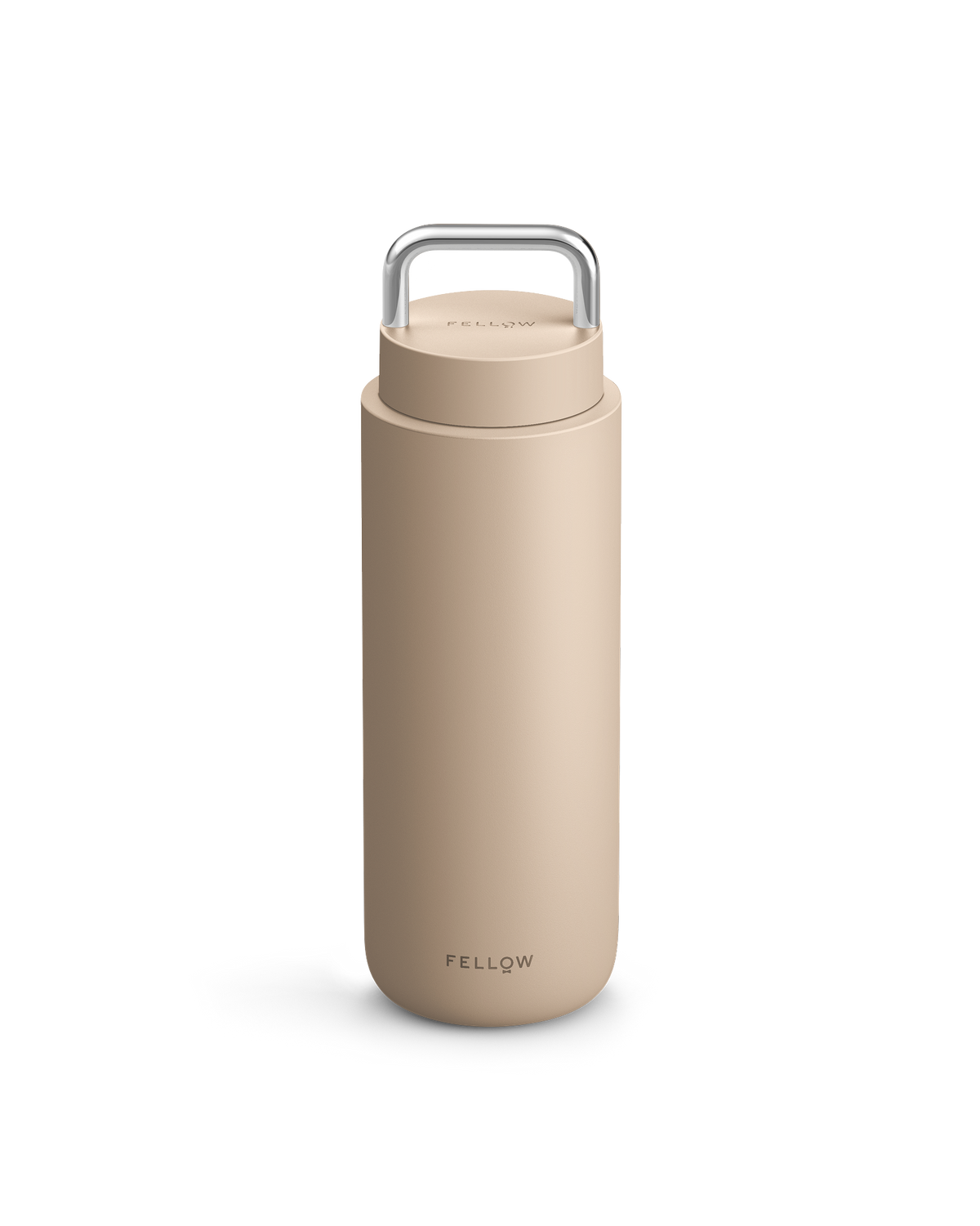 Sand Dune Carter Carry Travel Mug by Fellow with handle and logo on a white background.
