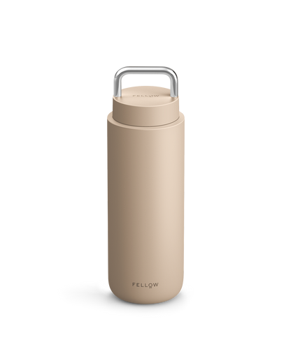 Sand Dune Carter Carry Travel Mug by Fellow with handle and logo on a white background.