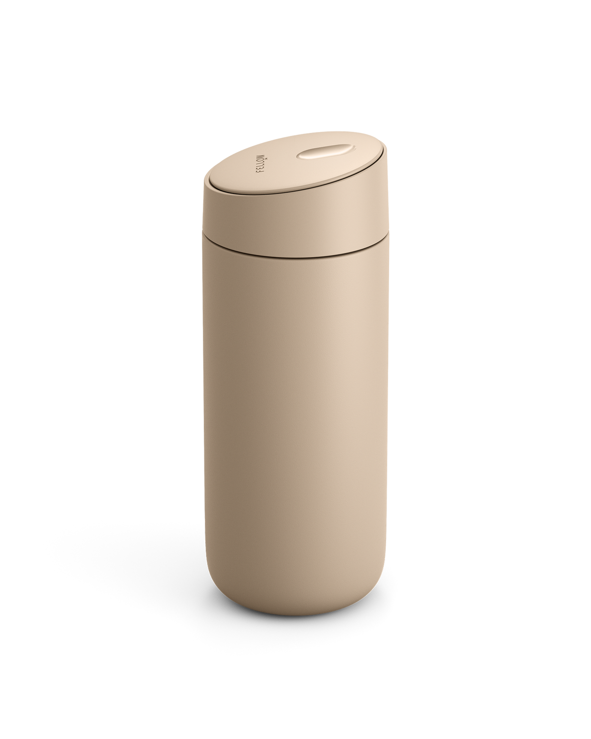 Fellow Carter Slide Mug in beige with oval push-button lid on a white background.