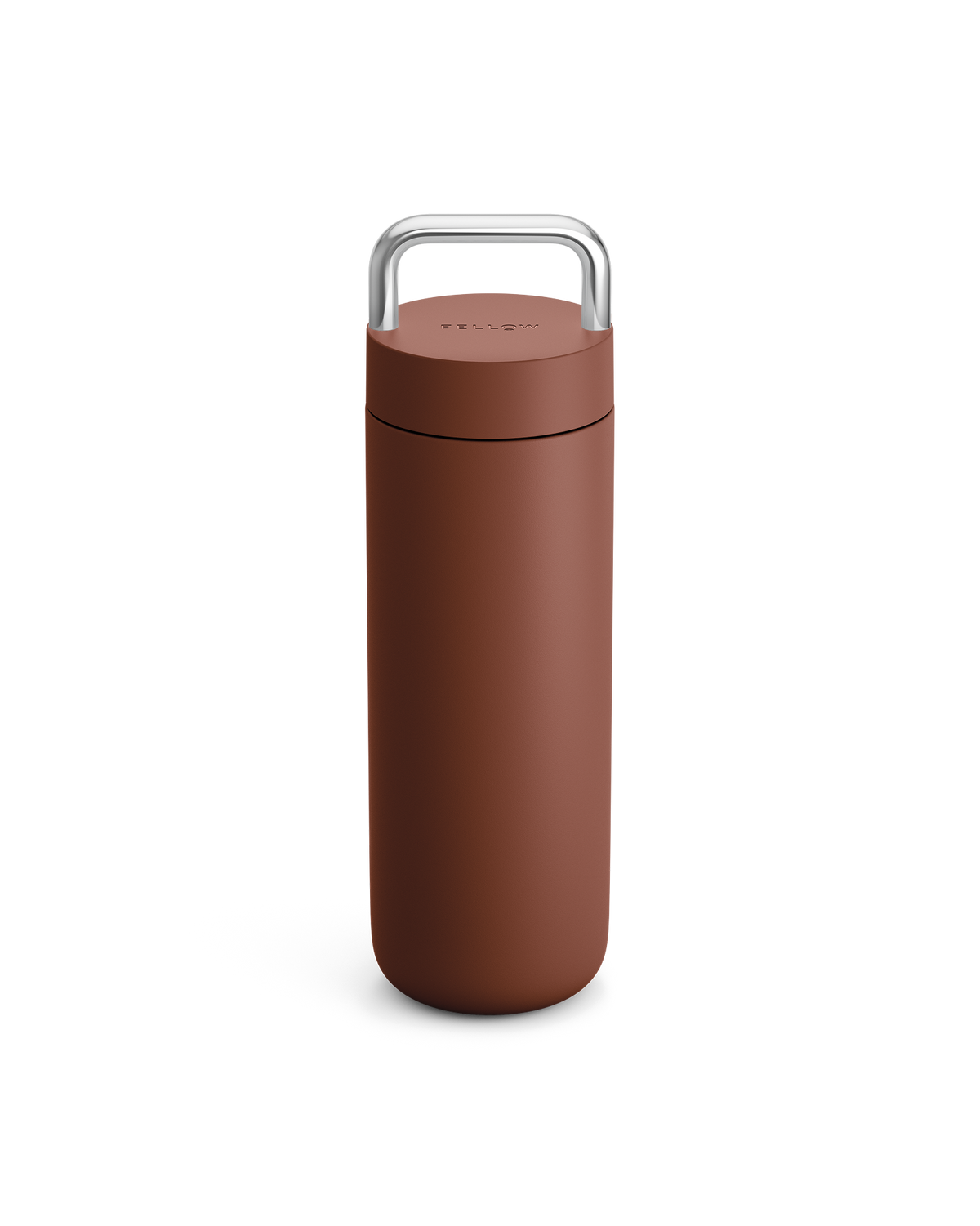 The Fellow Carter Carry Travel Mug in Sienna, shown with silver handle, on a white background.
