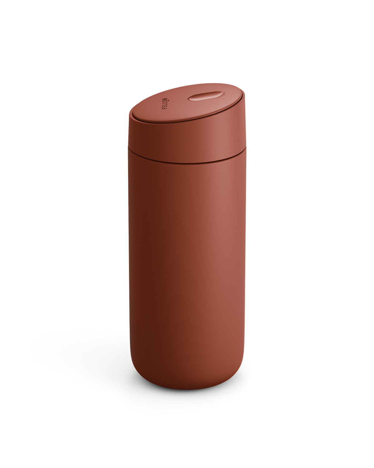 The Fellow Carter Slide Mug is a matte brown travel mug with a seamless, rounded design and lid.
