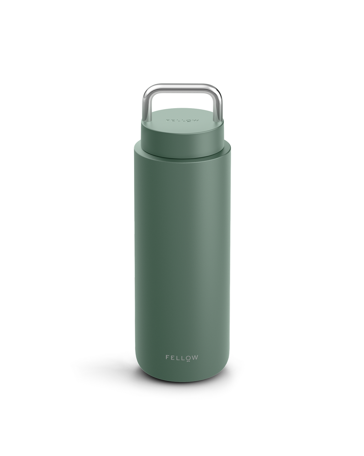Smoke Green Carter Carry Travel Mug by Fellow with handle and logo at the bottom.
