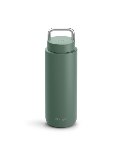 Smoke Green Carter Carry Travel Mug by Fellow with handle and logo at the bottom.