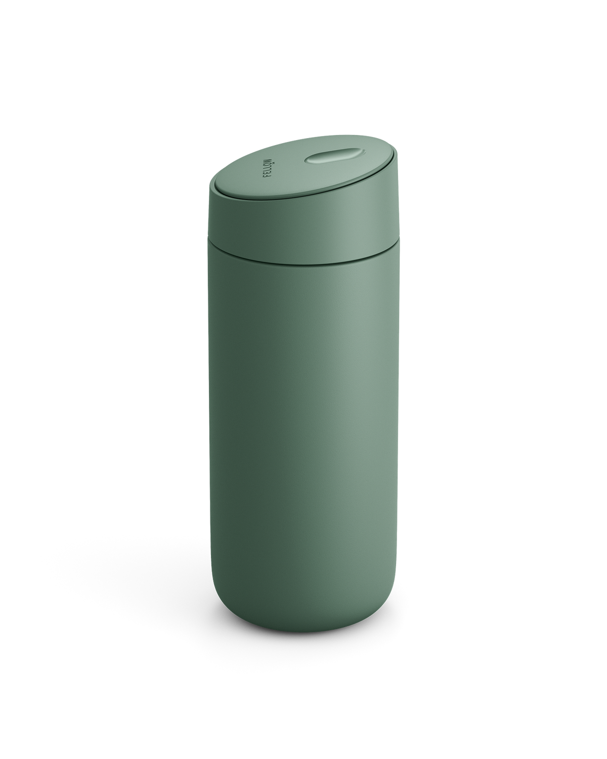 Fellow Carter Slide Mug: matte green, insulated, rounded, with flip-top lid.