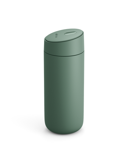 Fellow Carter Slide Mug: matte green, insulated, rounded, with flip-top lid.
