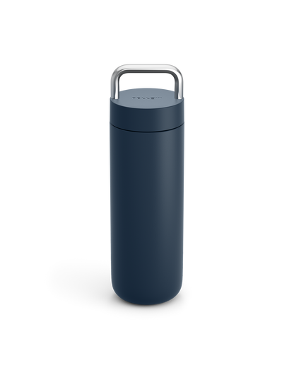 Fellow Carter Carry Travel Mug in Stone Blue with metal handle, shown on a white background.