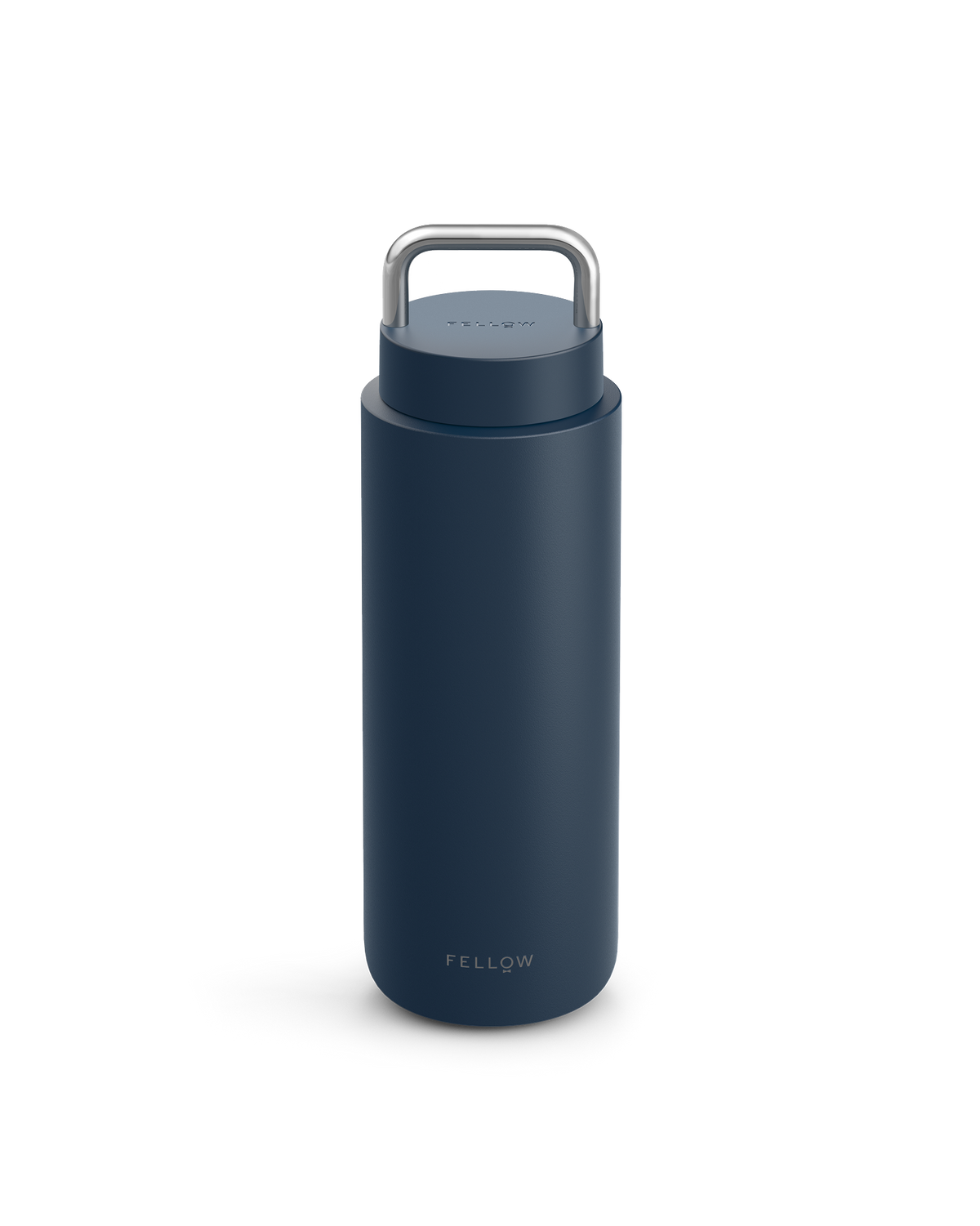 Stone Blue Fellow Carter Carry Travel Mug with handle and brand name on the front.