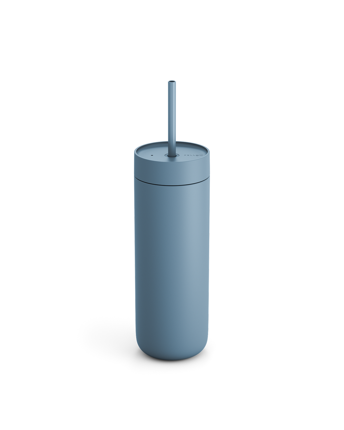 The Fellow Carter Cold Tumbler is blue and comes with a lid and straw.