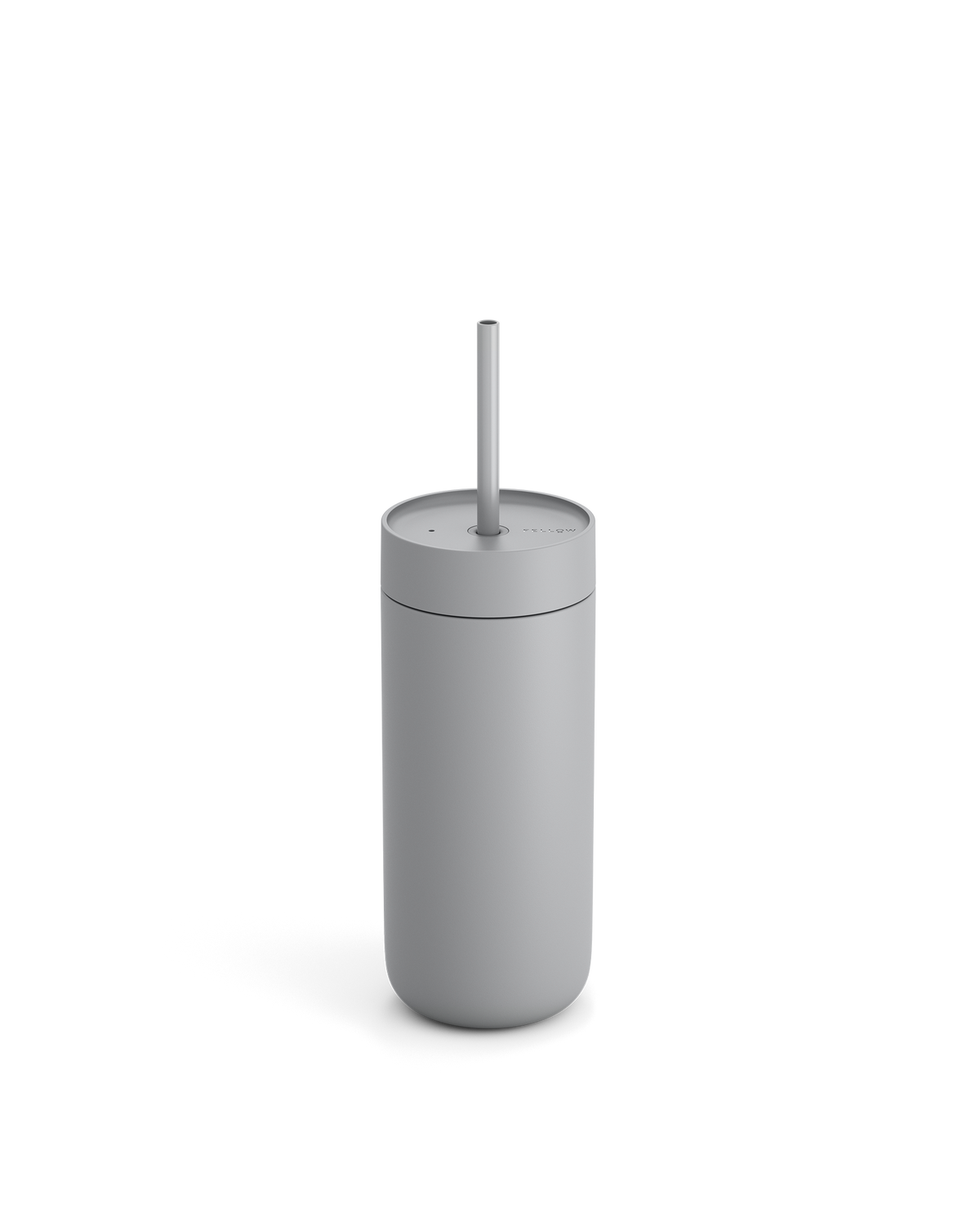 Fellow Carter Cold Tumbler, gray, with lid and straw, shown on a white background.