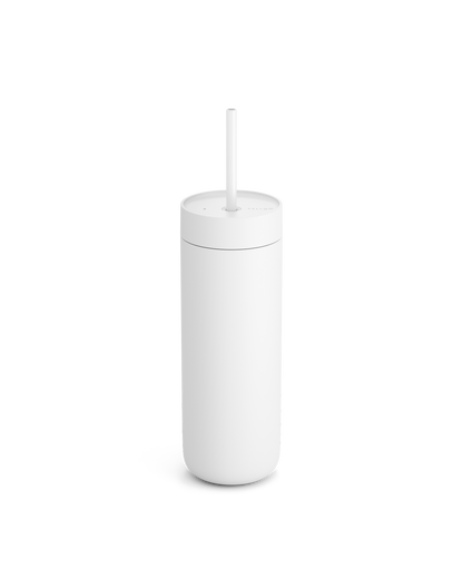 The Fellow Carter Cold Tumbler with lid and straw is shown on a white background.