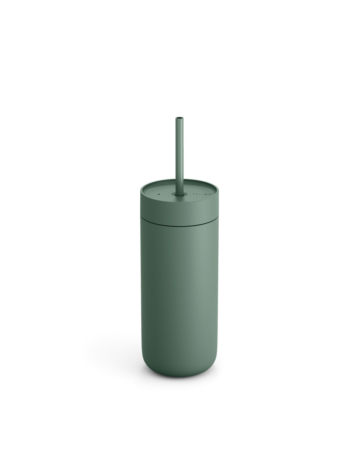 Fellow Carter Cold Tumbler in matte green with lid and straw on a white background.