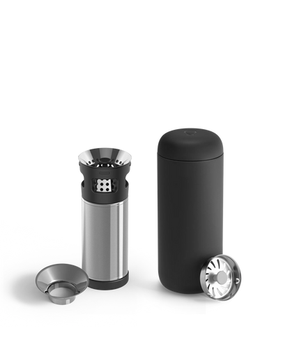Fellow Carter Infuser Set: black & silver travel mug with filter, lid, and cup.