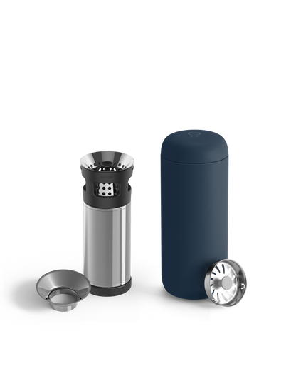Fellow Carter Infuser Set in Stone Blue for coffee or tea on the go, with metal filter parts.
