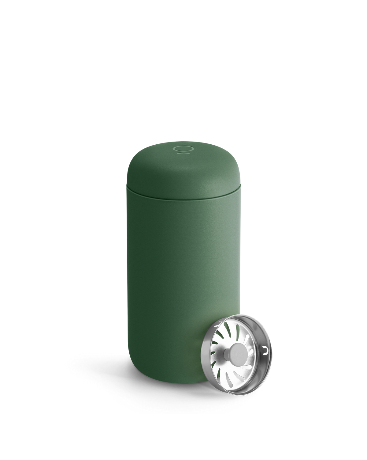 Fellow Carter Move Mug in matte green with matching lid and metal strainer beside it.