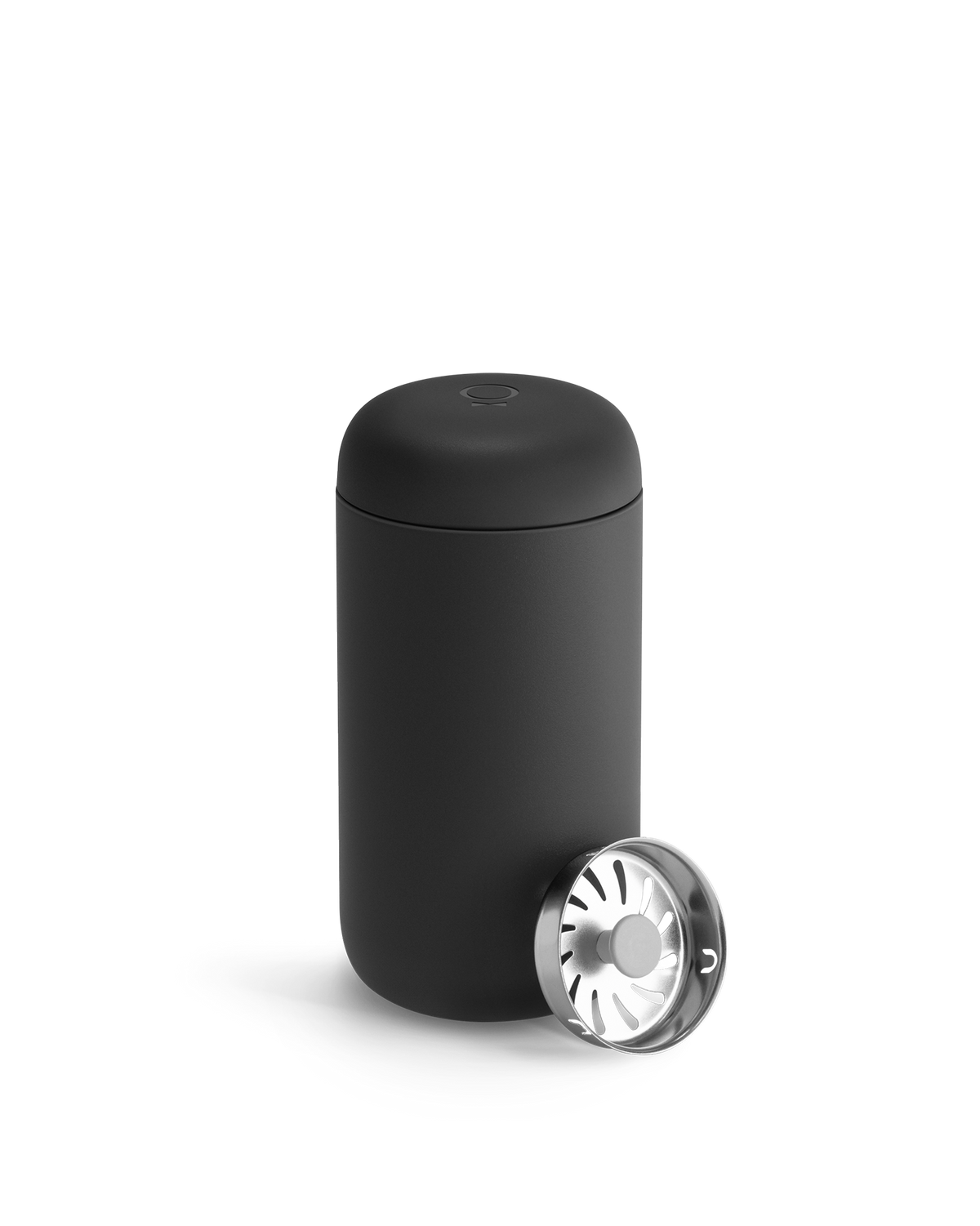 Matte black Fellow Carter Move Mug with rounded lid and separate metal strainer cap.