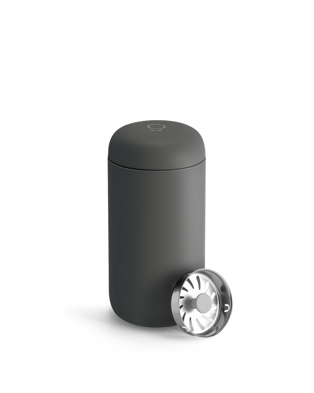 Matte black Fellow Carter Move Mug with round metal lid, partially open on a white background.