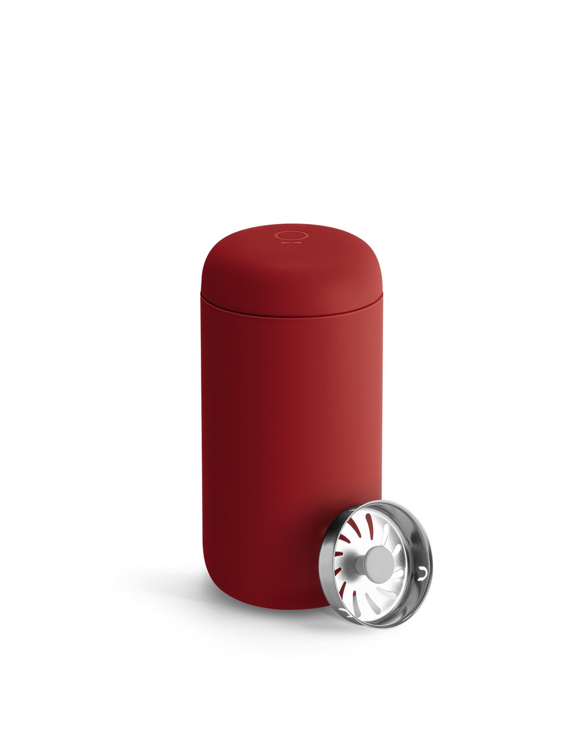 Red Fellow Carter Move Mug with separate round metallic lid in front.