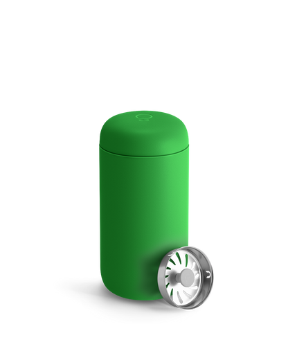 Fellow Carter Move Mug in Sporty Green with metal lid, spill proof on a white background.